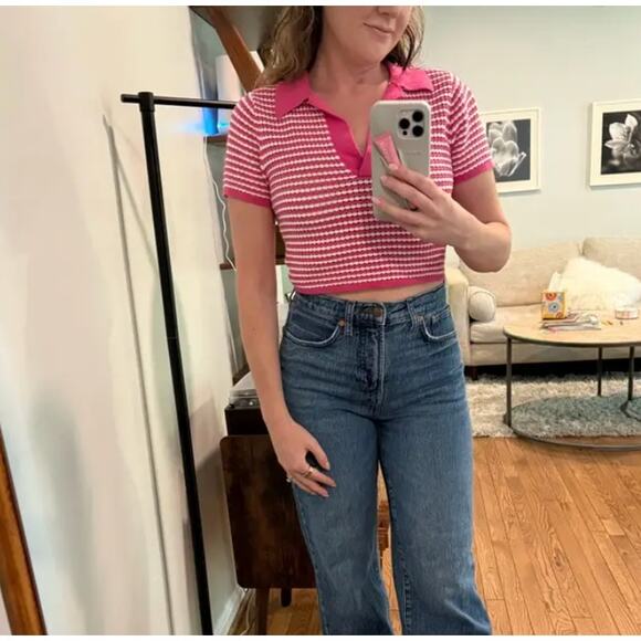 Derek Lam White Pink Polo Crop Top SMALL Baby Tee Striped Designer Preppy $220 - Picture 5 of 10